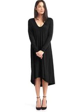 GAP Women Dress S Petite Black Swing Casual Long Sleeve V-neck Ruched Knit New