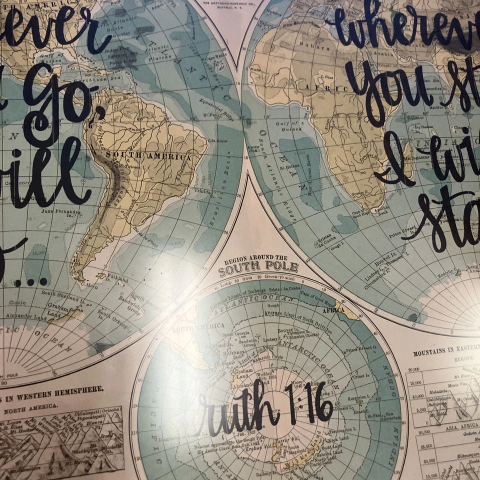 the century atlas hemispheres map with bible quote Ruth 1:16 in frame. AD - Image 3 of 4