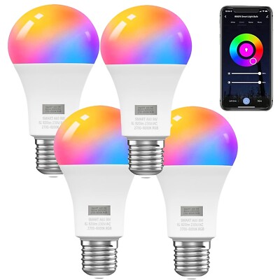 4er Smart Wifi Dimmbar E27 9W LED Bulb RGB Lampe 820lm Glühbirne with Alexa App