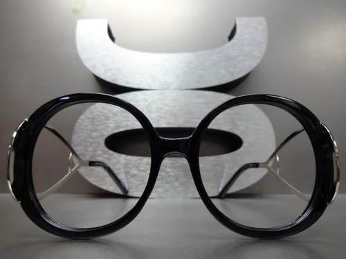 Womens Oversized Retro Style Round Black Lensless Eye Glasses Frame Only NO Lens - Picture 4 of 7