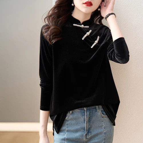 Women Long Sleeve Blouse Shirt Chinese Style Cheongsam Velvet Tops Retro Shirt - Imagen 15 de 21