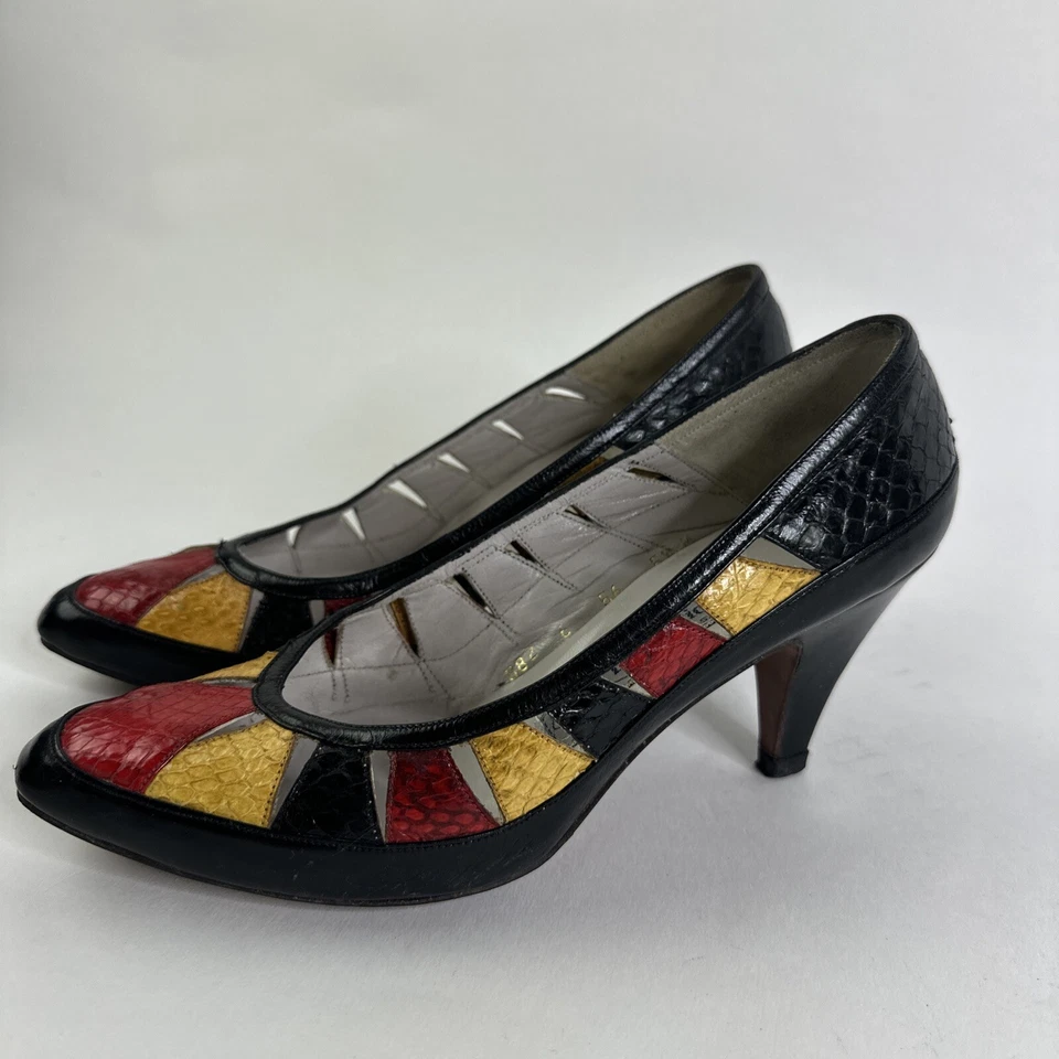 Evan-Picone (Hecho a Mano en España) Cuero Rojo Dorado Clásico Tacón Alto Bomba 5 1/2M Foto 3 de 4