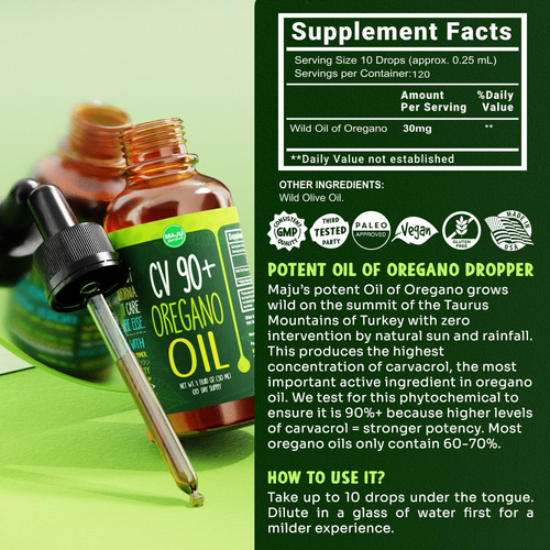 Maju Superfoods Oregano Oil Drops, Potent 90%+ Carvacrol (1 Fl Oz) Wild Mediterr - Picture 6 of 12