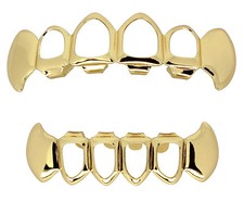 Fangs Open Face Custom Fit 14k Gold Plated Top Bottom Set Teeth Grillz Fangs Open Face Custom Fit 14k Gold Plated Top Bottom Set Teeth Grillz