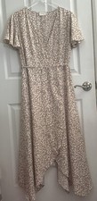 Everly Dress Womens Large Beige Dot Midi Wrap Flocked Ruffle Cottage Beautiful!