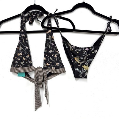H&M Bikini Swimwear, Halter Top Size 8, String Bottom Size 6 Floral Striped NEW