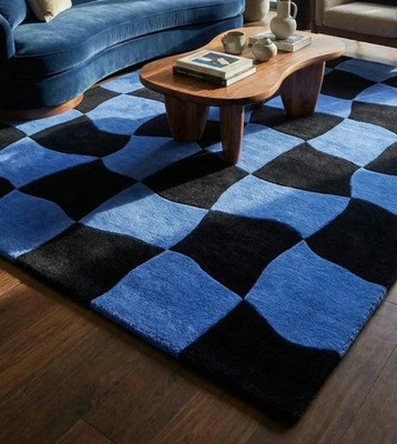 Modern Blue Black Area Rug | Hand Tufted Wool Geometric Rug | Luxury Room Carpet