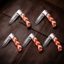 SET OF 5 PCS, HANDMADE DAMASCUS STEEL FOLDING KNIVES, EDC CAMPING GEAR & SHEATHS