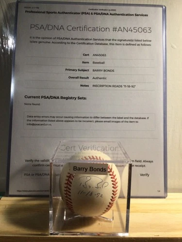BARRY BONDS SIGNED BASEBALL PSA/DNA COA
