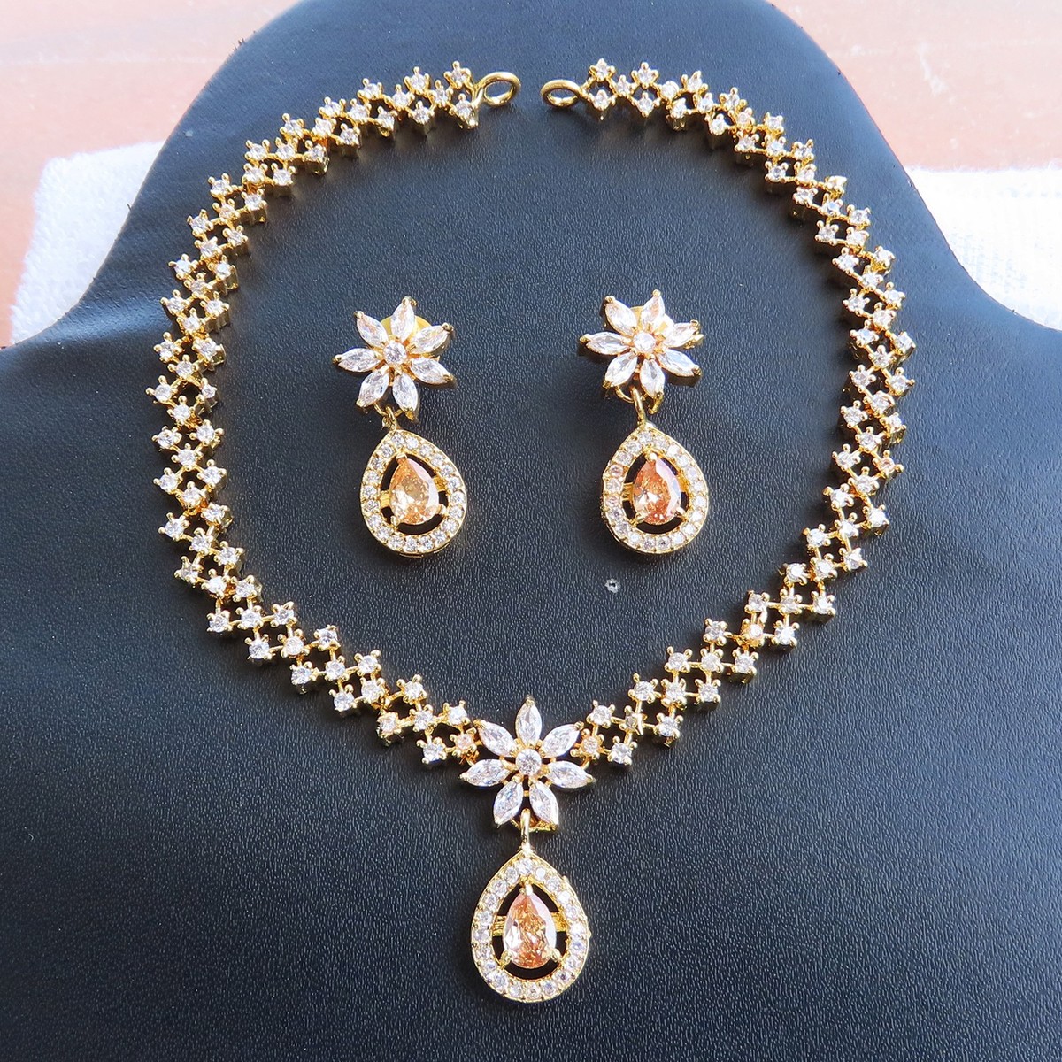 American Diamond CZ Necklace Set Gold Plated Indian Wedding
