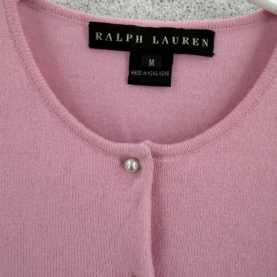 Ralph Lauren Sweater Womens Medium Pink Cashmere Cardigan Pearl Black Label - Image 3 of 4