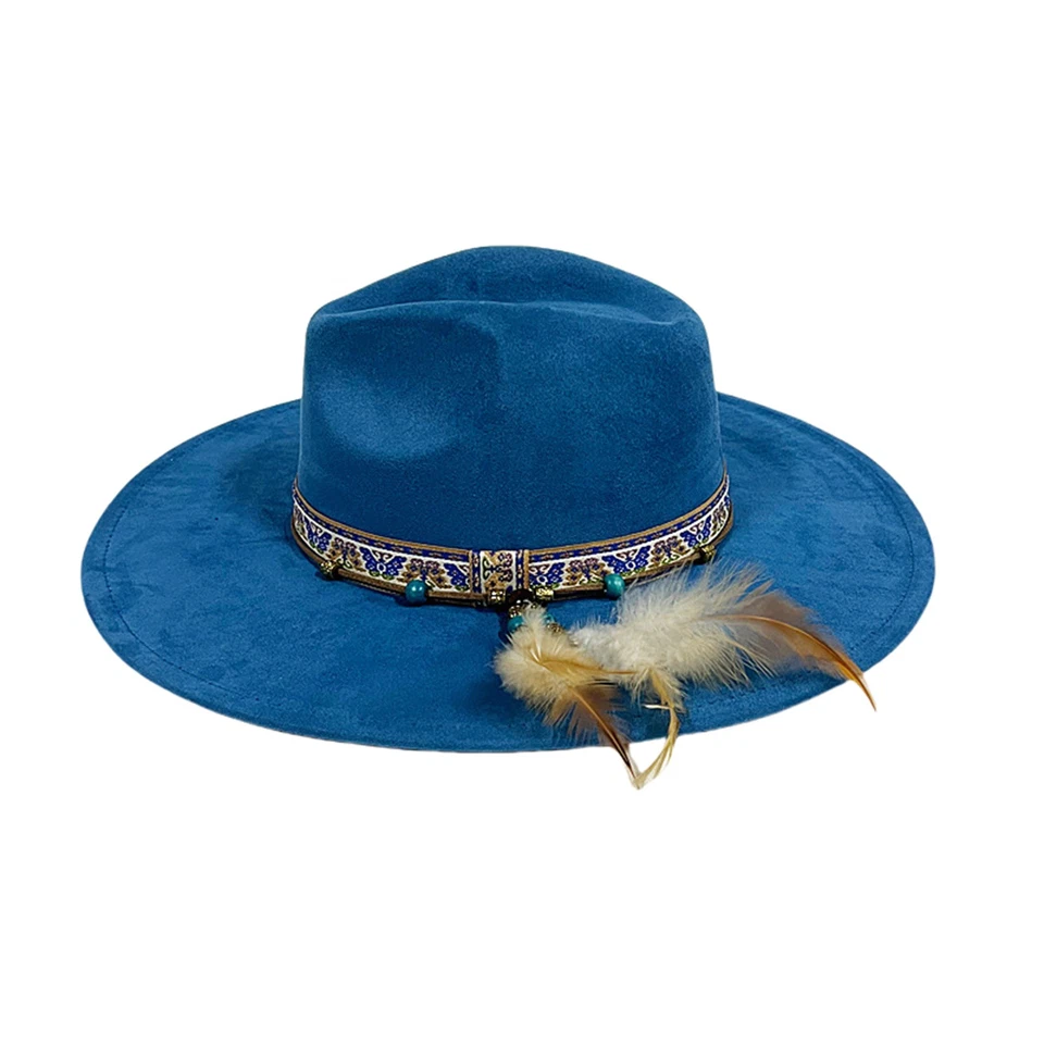 Hombres Mujeres Estilo Étnico Fieltro Sombrero Jazz Clásico Ranchero Sombrero Ala Ancha Foto 3 de 4