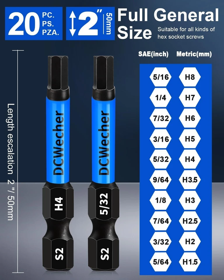 20-PCS Allen Key/Allen Wrench Drill Bit Set, Impact Hex Bits (Metric & SAE) USA - Image 4 of 4