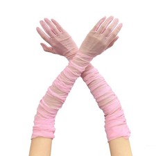 Women Sheer Mesh Tulle Long Bridal Party Dance Opera Wedding Gloves Pink