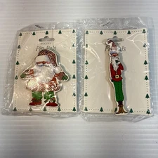 2 x Wooden Pin Pals by Potpourri Press Santa 1994 3.5" Holiday Christmas Brooch