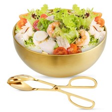 Supkiir Stainless Steel Salad Bowls with Gold Tong, 9.8”×4.5” 9.8”×4.3",
