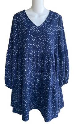 Navy Blue White Dot Tiered Flowy Dress Long Balloon Sleeves Unbranded Woman's M