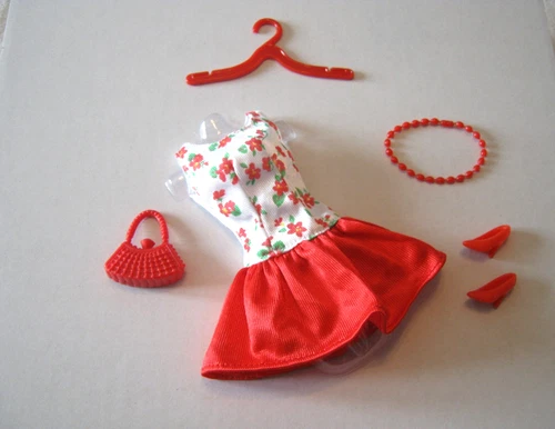 BARBIE FASHION CLOTHES ~ RED/WHITE SATIN PRINT OUTFIT w/ACCESSORIES SET