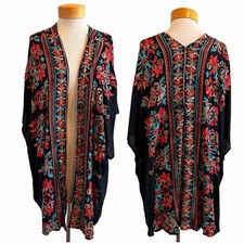 UMGEE Embroidered Black Floral Open Front Kimono Cover Up Topper Boho XL/1XL