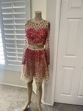 Sherri hill Cream Full Red Beaded Long sleeve Crop Top Mini Skirt Set Party SZ 4