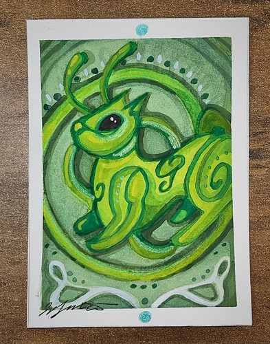 ACEO Original Watercolor Art Cards Alien Celtic Space Cat Animal Irish Green
