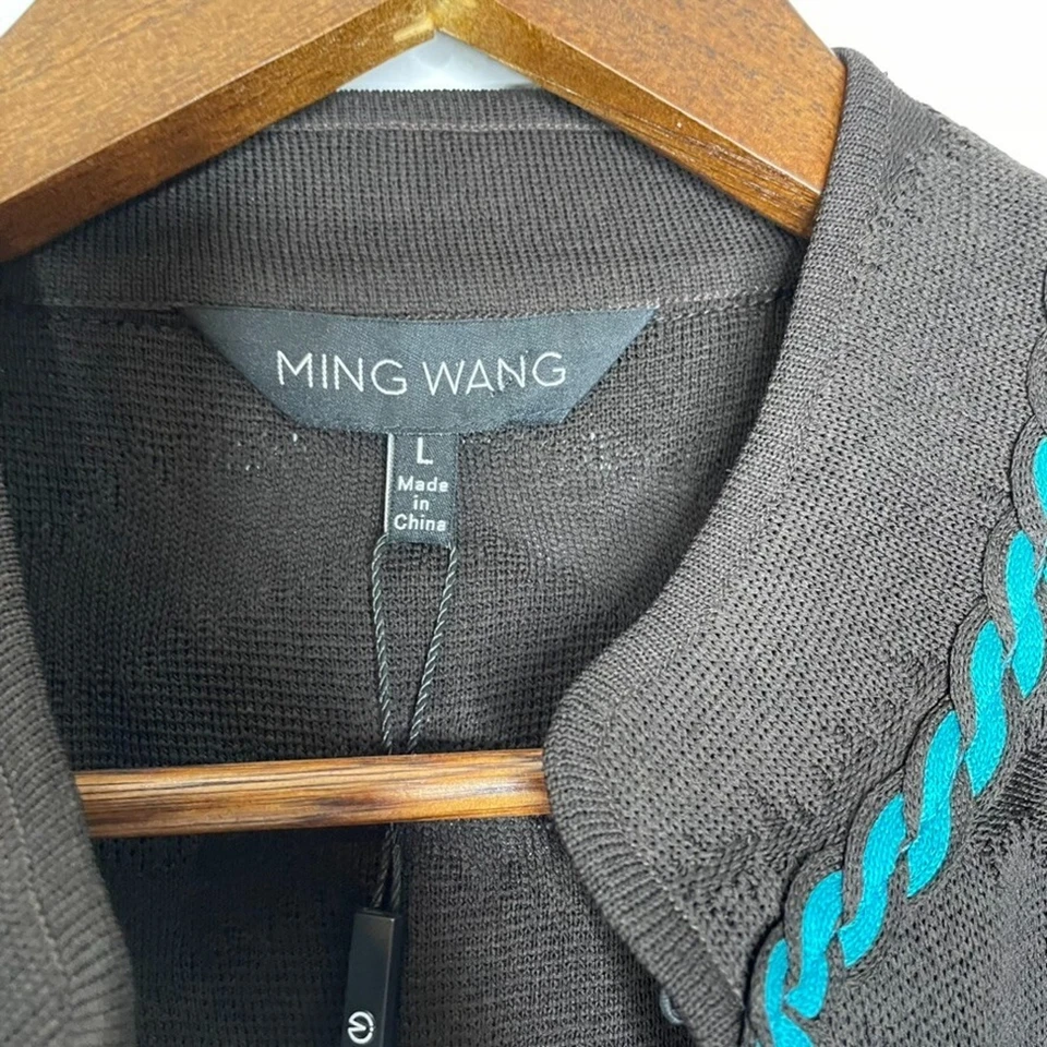 Ming Wang Jacket L Brown Blue Trim Open Front Textured Knit Career Chic NEW - Image 3 of 4