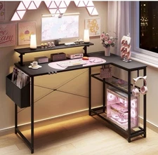 43” Black L-Shaped Gaming Desk w/ Built-in Power Outlets & Pink Cat Accessories