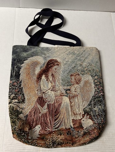 woven tapestry tote bag featuring a "Guardian Angel" or "Angel and Child" design