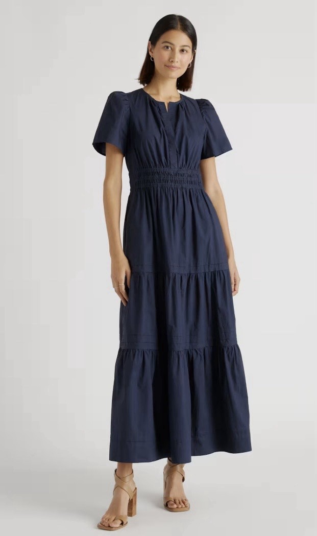 Quince Women's 100% Organic Cotton Poplin Tiered Maxi Dress Navy Womens Large
