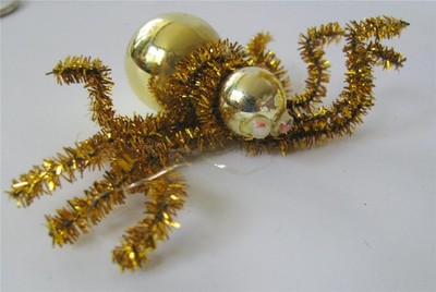 Vintage Good Luck Spider Xmas Ornament Mercury Glass Gold Tinsel Chenille 3.25''
