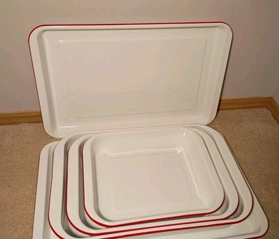 Set Of 5 Enamel Ware Metal Pans Solid white Retro red Trim Different Sizes Mint!