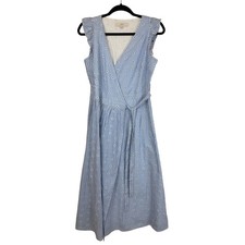 Loft Blue White Striped Floral Ruffle Sleeve Cotton Wrap Midi Dress XS India