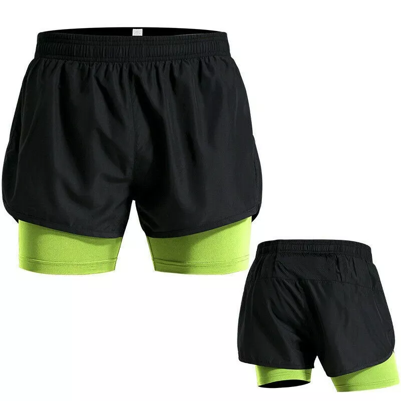 Men Double Layer Sport Shorts Quick Dry Fitness Training Running Half Pants Red