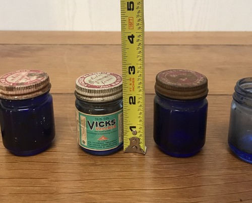 5 VICKS Medicine Bottles Blue Glass VAPORUB White Salve Cobalt Pharmacy Antique - Picture 6 of 7