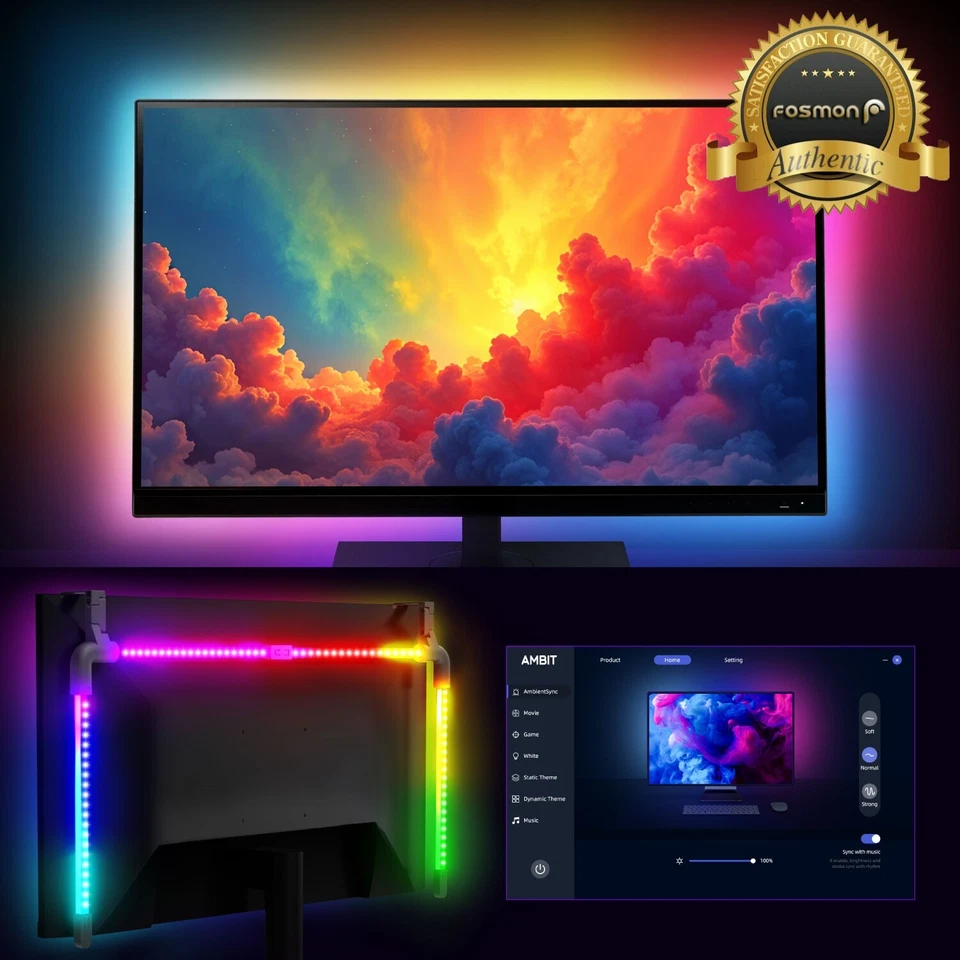 Fosmon 4.9' LED Monitor Backlight, RGB Gaming Light Bar, USB Powered Light Strap