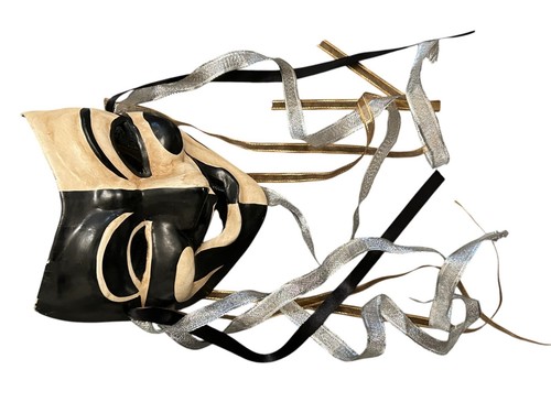 Classic Vtg Venetian Black and White Comedy Mask Hand Made Silver Gold Ribbons - Picture 5 of 8