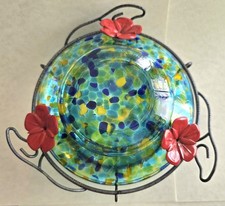Stain Glass Pattern Hummingbird Feeder With Lid Chain And Removable Metal Petals