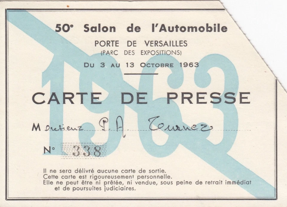 1963 SALON DE L'AUTOMOBILE SHOW VERSAILLES PRESS ADMISSION ENTRY TICKET PASS - Image 1 of 2