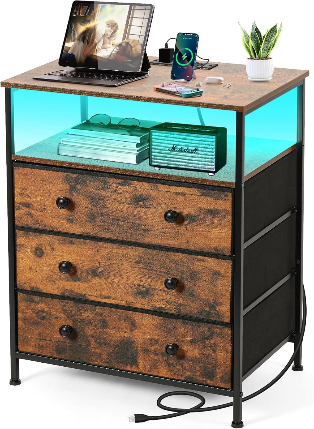 24-Inch Wide 3-Drawer LED Nightstand Dresser with USB Charging Station & Adjustable Shelves