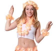 ORANGE 4 PIECE HAWAIIAN LEI SET FLOWER NECKLACE HEADBAND BRACELETS FANCY DRESS