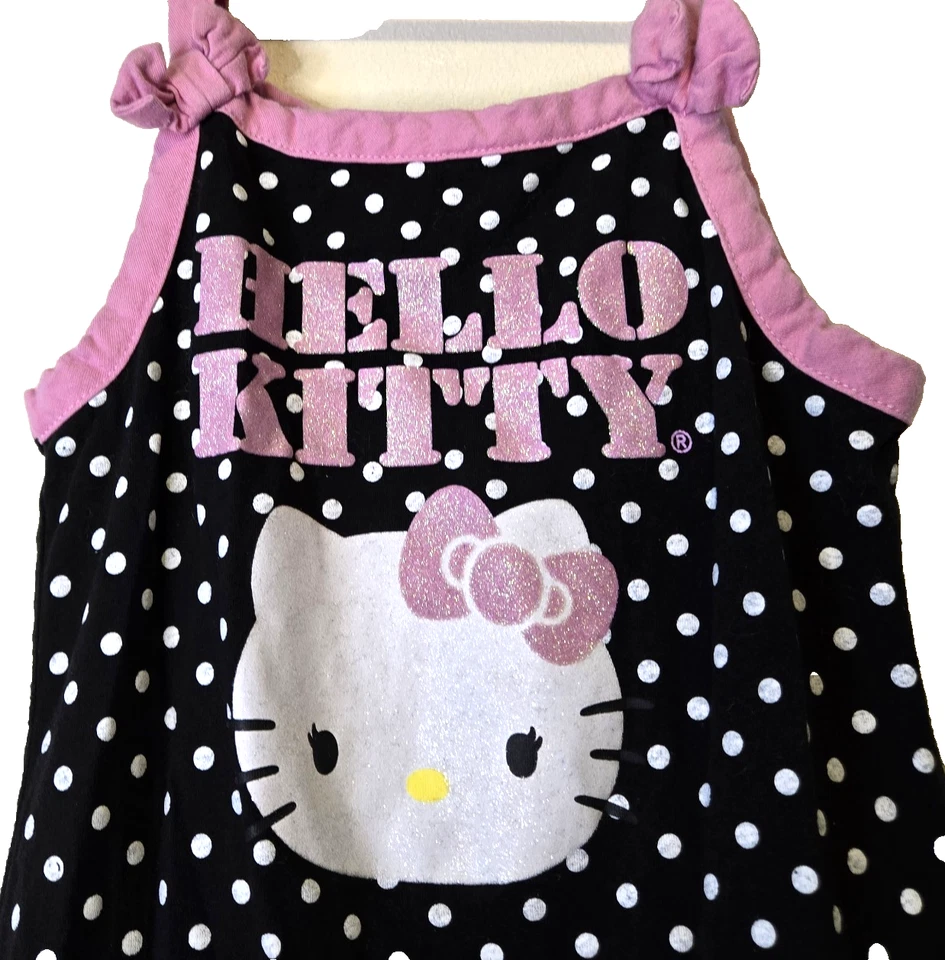 Hello Kitty Sundress Girls Sz M (7-8) Pink/Blk Polka Dot Bow Ruffle Tiered Dress - Image 2 of 4