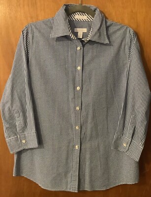 Charter Club Blue Check  3/4 Sleeve Button Front Shirt 10 Iron Free Free Ship