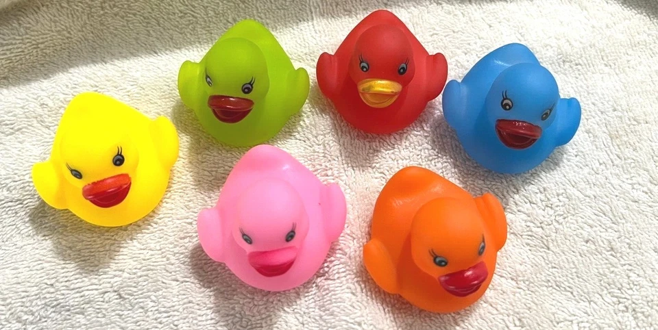 Lot of 6 RUBBER DUCKIES Green, Orange, Pink, Yellow, Blue, Red Ducks - Image 2 of 2