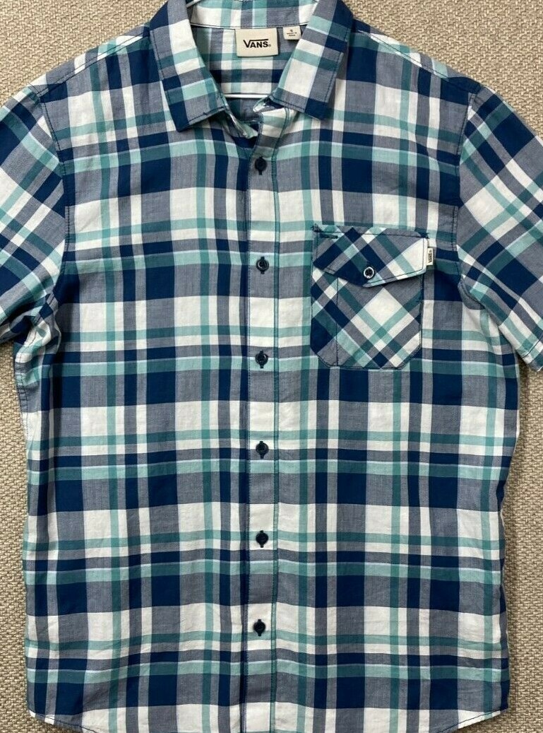 Vans Mens Button Up Shirt Small Short Sleeve Plaid Blue and White