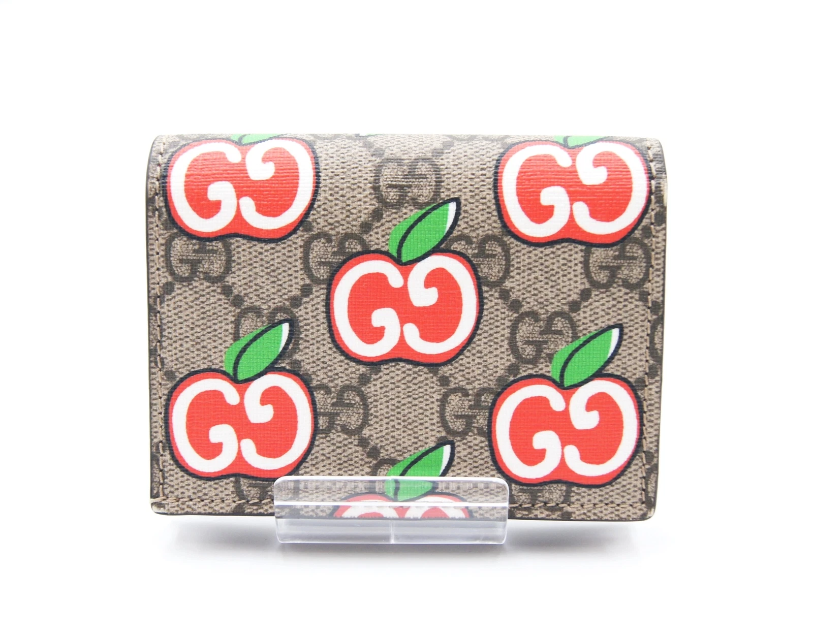 Gucci GG Supreme double pli compact portefeuille sac à main Apple PVC cuir beige rouge authentique