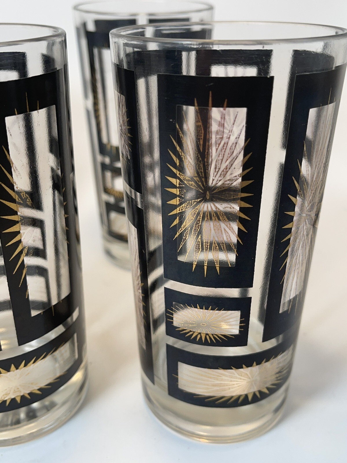 Mid-Century Tall Glass Tumblers Black and Gold Atomic Starburst Set of 5