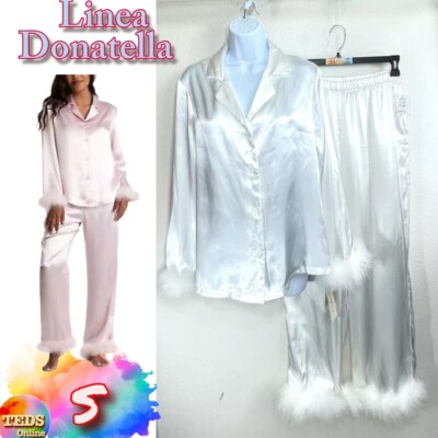 NWT Linea Donatella Women's S Marabou Feather Satin Pajama Set Ivory MBJ045
