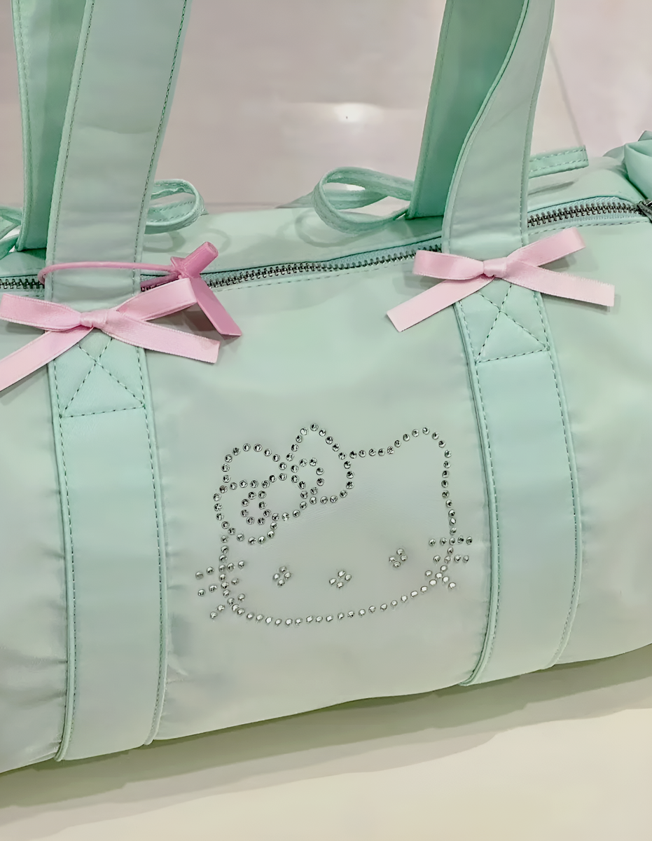 Hello Kitty Satin Frill Barrel Bag Large Mint Green Rhinestone