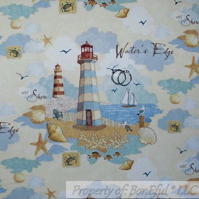 BonEful Fabric FQ Cotton Quilt Blue White Cloud Scenic Sky Ocean Lighthouse Bird