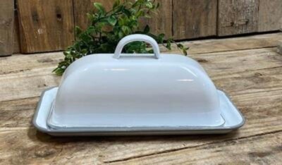 New Farmhouse Vintage Enamelware BUTTER DISH Gray White Enamel